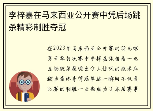 李梓嘉在马来西亚公开赛中凭后场跳杀精彩制胜夺冠