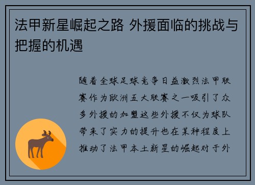 法甲新星崛起之路 外援面临的挑战与把握的机遇