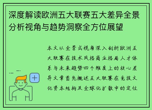 深度解读欧洲五大联赛五大差异全景分析视角与趋势洞察全方位展望