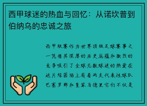西甲球迷的热血与回忆：从诺坎普到伯纳乌的忠诚之旅