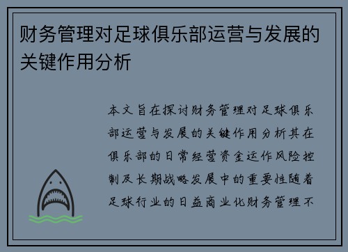 财务管理对足球俱乐部运营与发展的关键作用分析 财务管理对足球俱乐部运营与发展的关键作用分析